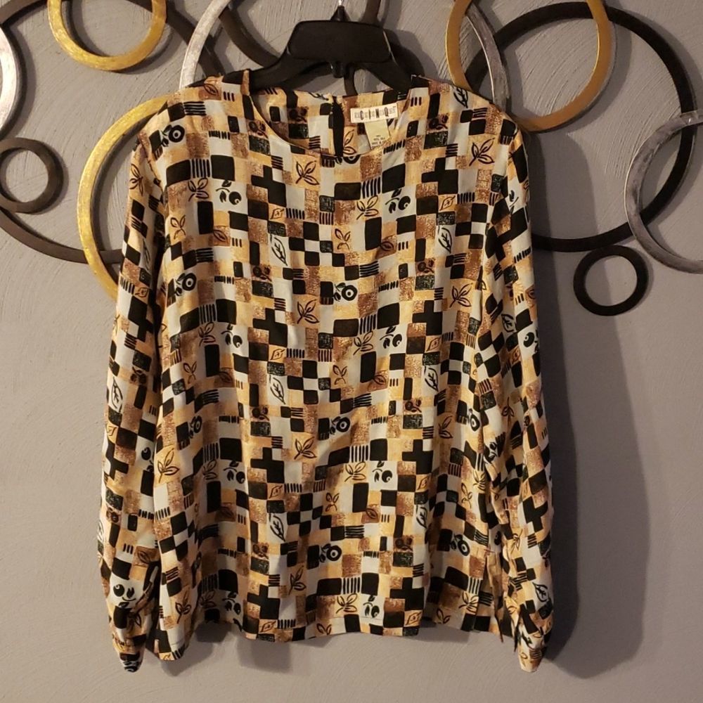 Cinq Cream Tan Black 100% Silk Long Sleeve Pullover Crew Neck Blouse Size M